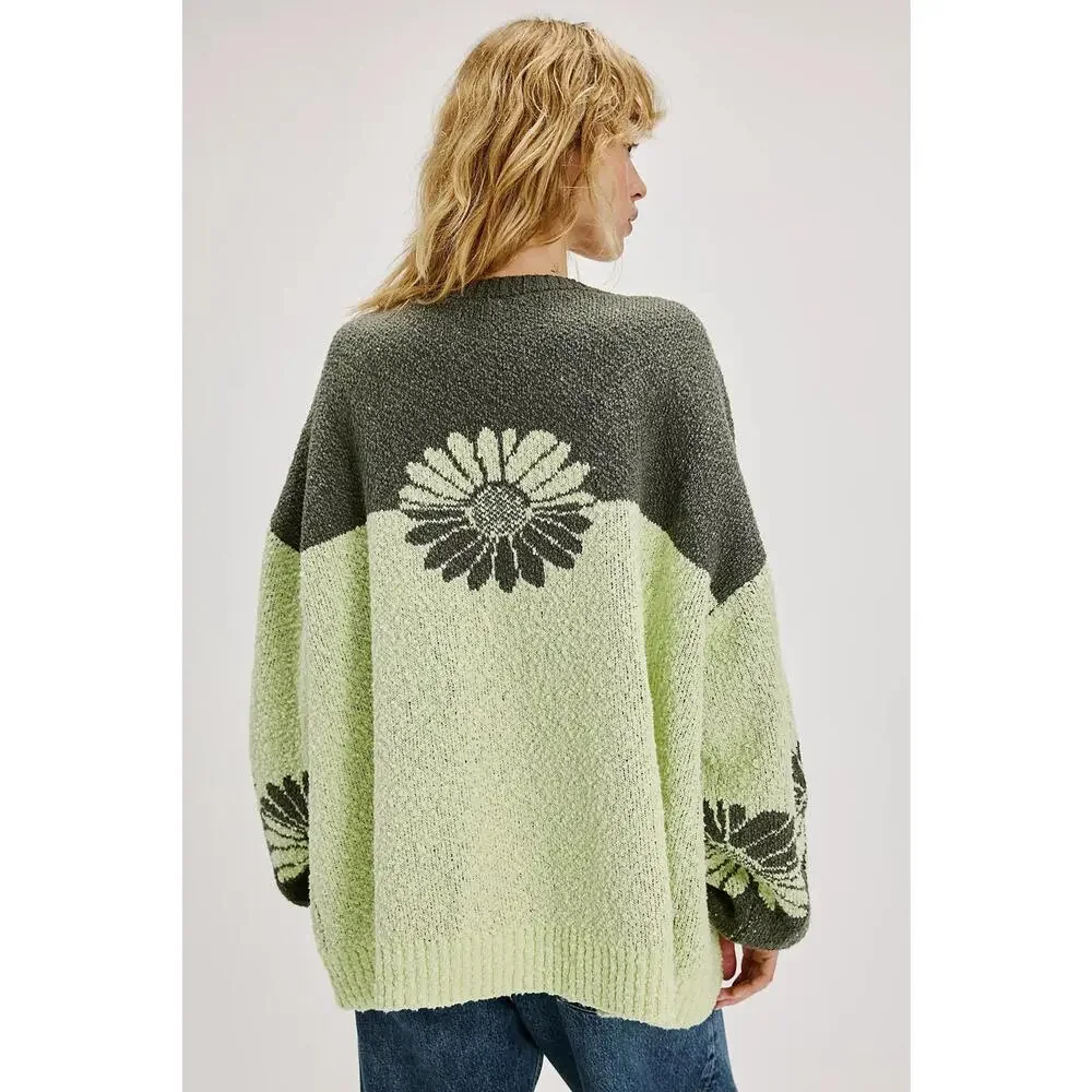Free People Olive Green and Light Lime Floral Turtleneck Sweater - Picture 3 of 6